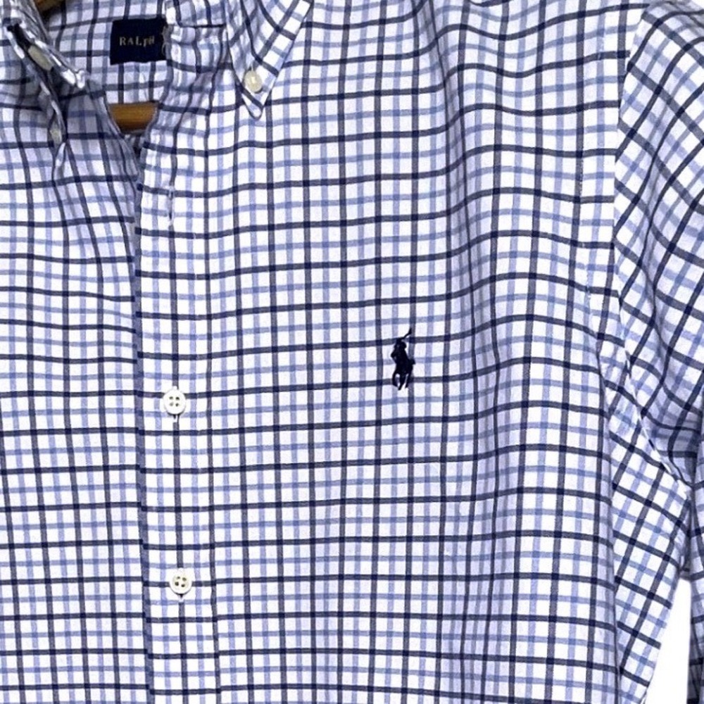 Ralph Lauren Mens Blue White Tattersall Check Button Down Shirt Large L Long Slv